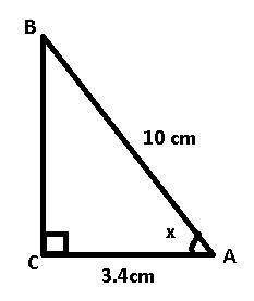 The equation cos super negative 1 (StartFraction 3.4 Over 10 EndFraction)equals x can be used to det