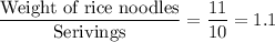 \dfrac{\text{Weight of rice noodles}}{\text{Serivings}} = \dfrac{11}{10} = 1.1