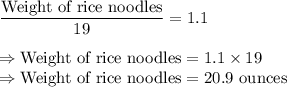 \dfrac{\text{Weight of rice noodles}}{19} = 1.1\\\\\Rightarrow \text{Weight of rice noodles} = 1.1\times 19\\\Rightarrow \text{Weight of rice noodles} =20.9\text{ ounces}