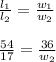 \frac{l_1}{l_2}=\frac{w_1}{w_2}\\\\\frac{54}{17}=\frac{36}{w_2}