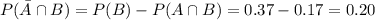 P(\bar A\cap B)=P(B)-P(A\cap B)=0.37-0.17=0.20