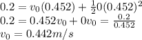 0.2 = v_0(0.452) + \frac{1}{2} 0(0.452)^2\\0.2=0.452v_0+0v_0=\frac{0.2}{0.452}\\v_0= 0.442m/s