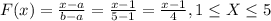 F(x) = \frac{x-a}{b-a}= \frac{x-1}{5-1}= \frac{x-1}{4}, 1\leq X \leq 5