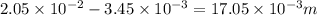 2.05\times 10^{-2}-3.45\times 10^{-3}=17.05\times 10^{-3} m