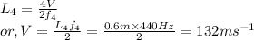 &&L_{4} = \frac{4 V}{2 f_{4}}\\&or,& V = \frac{L_{4}f_{4}}{2} = \frac{0.6 m \times 440 Hz}{2} = 132 m s^{-1}