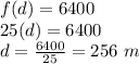 f(d)=6400\\25(d)=6400\\d=\frac{6400}{25}=256\ m