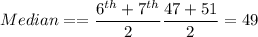 Median ==\dfrac{6^{th}+7^{th}}{2} \dfrac{47+51}{2} = 49