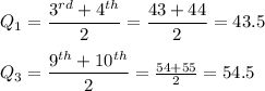 Q_1 =\dfrac{3^{rd}+4^{th}}{2} = \dfrac{43 + 44}{2} = 43.5\\\\Q_3 =\dfrac{9^{th}+10^{th}}{2}= \frac{54 + 55}{2} = 54.5