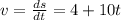 v=\frac{ds}{dt}=4+10t