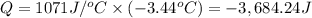 Q=1071 J/^oC\times (-3.44^oC)=-3,684.24 J