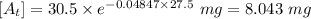 [A_t]=30.5\times e^{-0.04847\times 27.5}\ mg=8.043\ mg