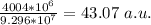 \frac{4004 * 10^{6}}{9.296 * 10^{7}}  =  43.07\ a.u.