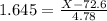 1.645 = \frac{X - 72.6}{4.78}