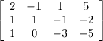 \left[ \begin{array}{ccc|c} 2 & -1 & 1 & 5 \cr 1 & 1 & -1 & -2 \cr 1 & 0 & -3 & -5\end{array} \right]