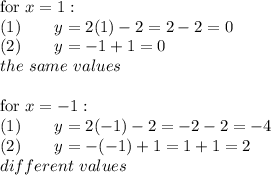 \text{for}\ x=1:\\(1)\qquad y=2(1)-2=2-2=0\\(2)\qquad y=-1+1=0\\the\ same\ values\\\\\text{for}\ x=-1:\\(1)\qquad y=2(-1)-2=-2-2=-4\\(2)\qquad y=-(-1)+1=1+1=2\\different\ values