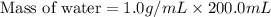 \text{Mass of water}=1.0g/mL\times 200.0mL