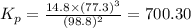 K_p=\frac{14.8\times (77.3)^3}{(98.8)^2}=700.30