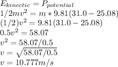 E_{kinectic}=P_{potential}\\1/2mv^{2}=m*9.81(31.0-25.08)\\(1/2)v^{2}=9.81(31.0-25.08)\\0.5v^{2}=58.07\\v^{2}=58.07/0.5\\v=\sqrt{58.07/0.5}\\ v=10.777m/s