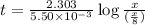 t=\frac{2.303}{5.50\times 10^{-3}}\log\frac{x}{(\frac{x}{8})}