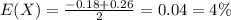 E(X) = \frac{-0.18+0.26}{2}=0.04 = 4\%