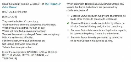 Which statement best explains how Brutus's tragic flaw reveals the theme that citizens are persuaded