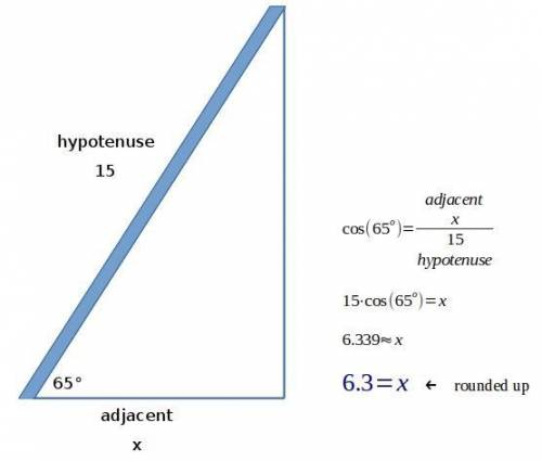 A 15-foot ladder leans against a wall and makes an angle of 65° withthe ground. What is the horizont