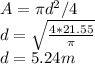 A=\pi d^2/4\\d=\sqrt{\frac{4*21.55 }{\pi }}  \\d=5.24m