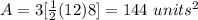 A=3[\frac{1}{2}(12)8]=144\ units^2