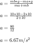 a = \frac{mb * g - ma * g}{ma + mb} \\\\a = \frac{10 * 10 - 2 * 10}{ 2 + 10} \\\\a = \frac{80}{12} \\\\a = 6.67m/s^2