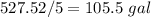 527.52/5=105.5\ gal