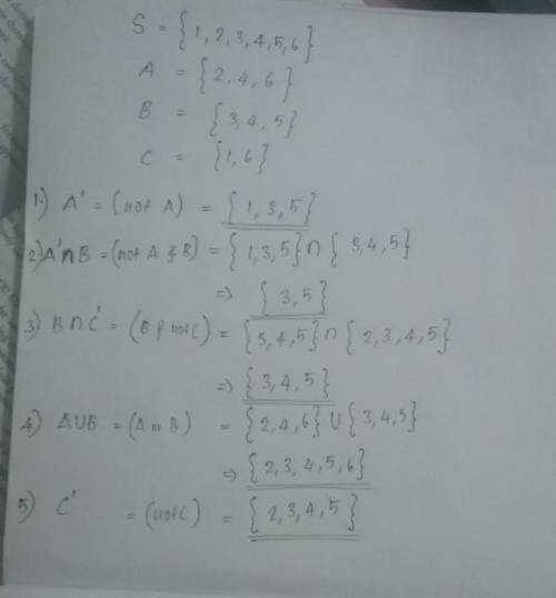 Let s ={1 2 3 4 5 6}A= {2 4 6}B={3 4 5}C={1 6}find A'A' n BB n C'(AuB)(C')
