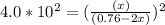 4.0*10^2 = (\frac{(x)}{(0.76-2x)})^2