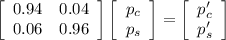 \left[\begin{array}{cc}0.94&0.04\\0.06&0.96\end{array}\right] \left[\begin{array}{c}p_c\\p_s\end{array}\right] =  \left[\begin{array}{c}p_c'\\p_s'\end{array}\right]