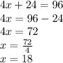 4x+24=96\\4x=96-24\\4x=72\\x=\frac{72}{4}\\ x=18