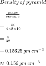 Density  \: of \:  pyramid  \\  \\  =  \frac{mass}{volume}  \\  \\  =  \frac{50}{4 \times 8 \times 10}  \\  \\  =  \frac{5}{32}  \\  \\  = 0.15625 \: gm \:  {cm}^{ - 3}  \\  \\  \approx \: 0.156 \: gm \:  {cm}^{ - 3}  \\