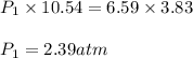 P_1\times 10.54=6.59\times 3.83\\\\P_1=2.39atm