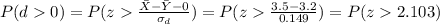 P(d 0) = P(z \frac{\bar X- \bar Y -0}{\sigma_d}) =P(z \frac{3.5-3.2}{0.149}) =P(z2.103)