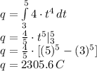 q = \int\limits^{5}_3 {4\cdot t^{4}} \, dt\\q= \frac{4}{5} \cdot t^{5}|_{3}^{5}\\q = \frac{4}{5} \cdot [(5)^{5}-(3)^{5}]\\q = 2305.6\,C