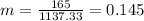 m=\frac{165}{1137.33}=0.145