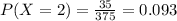 P(X = 2)=\frac{35}{375}=0.093