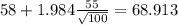 58+1.984\frac{55}{\sqrt{100}}=68.913