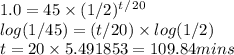 1.0=45\times(1/2)^t^/^2^0\\log(1/45)=(t/20)\times log(1/2)\\t=20\times5.491853=109.84 mins