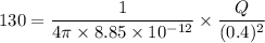130=\dfrac{1}{4\pi\times 8.85\times 10^{-12}}\times \dfrac{Q}{(0.4)^{2}}