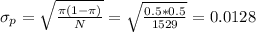 \sigma_p=\sqrt\frac{\pi(1-\pi)}{N} }= \sqrt\frac{0.5*0.5}{1529} }=0.0128