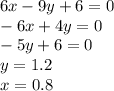 6x-9y+6 =0\\-6x+4y=0\\-5y+6 =0\\y=1.2 \\x=0.8