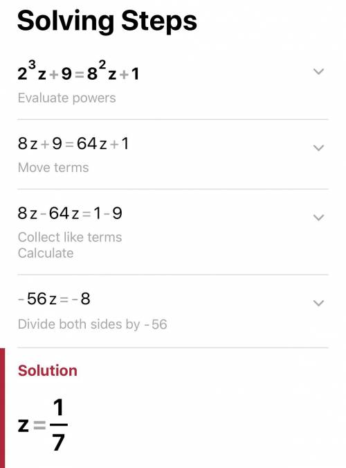 Solve for z:2^3z+9=8^2z+1