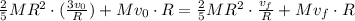 \frac{2}{5}MR^2\cdot (\frac{3v_0}{R})+Mv_0\cdot R=\frac{2}{5}MR^2\cdot \frac{v_f}{R}+Mv_f\cdot R