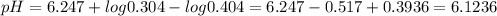 pH = 6.247 + log 0.304 - log 0.404=6.247-0.517+0.3936=6.1236