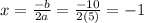 x=\frac{-b}{2a} =\frac{-10}{2(5)} =-1