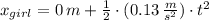 x_{girl} = 0\,m + \frac{1}{2}\cdot (0.13\,\frac{m}{s^{2}} )\cdot t^{2}